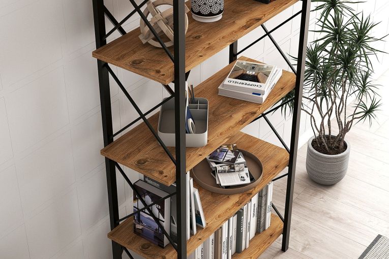 Libreria Marrone Rovere Nero 5 Ripiani Installazione Libera 90x34x180h cm, Sfumatura Colore Struttura Rovere - Mongiana