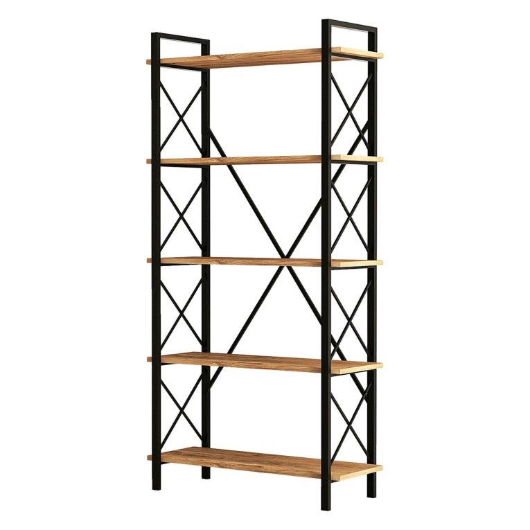 Libreria Marrone Rovere Nero 5 Ripiani Installazione Libera 90x34x180h cm, Sfumatura Colore Struttura Rovere - Mongiana