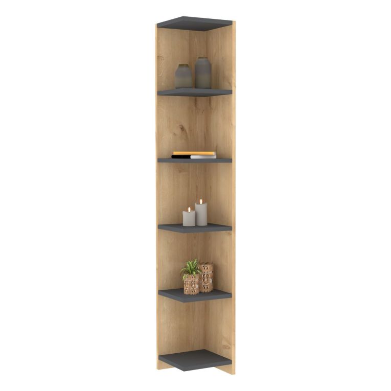 Libreria Marrone Rovere Nero Antracite 5 Ripiani Installazione Libera 25x25x160h cm, Sfumatura Colore Struttura Rovere - Tufillo