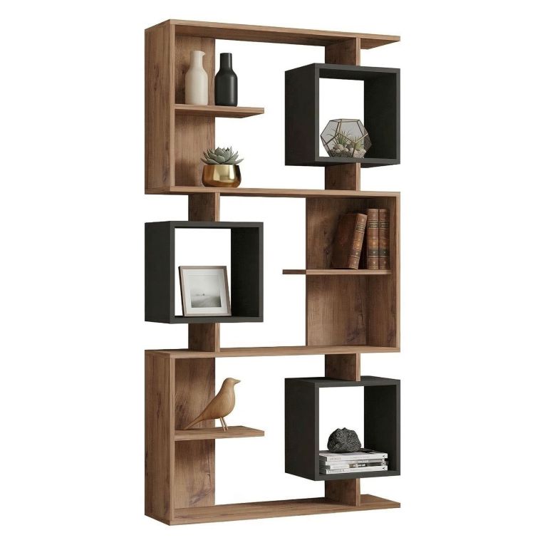 Libreria Marrone Rovere Nero Antracite 8 Ripiani Installazione Libera 90x25x172h cm, Sfumatura Colore Struttura Rovere - Cergnago