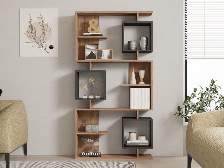 Libreria Marrone Rovere Nero Antracite 8 Ripiani Installazione Libera 90x25x172h cm, Sfumatura Colore Struttura Rovere - Cergnago