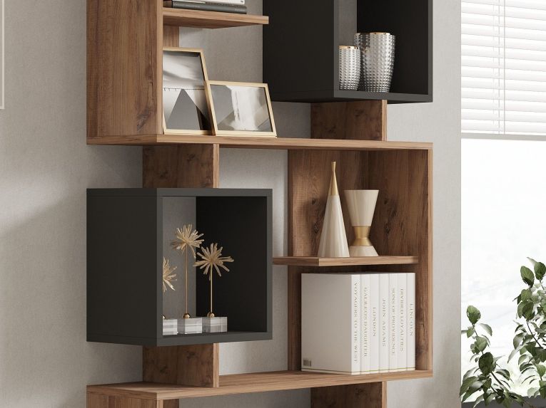 Libreria Marrone Rovere Nero Antracite 8 Ripiani Installazione Libera 90x25x172h cm, Sfumatura Colore Struttura Rovere - Cergnago