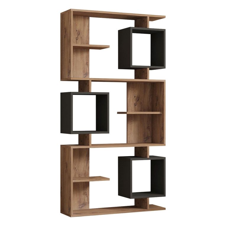 Libreria Marrone Rovere Nero Antracite 8 Ripiani Installazione Libera 90x25x172h cm, Sfumatura Colore Struttura Rovere - Cergnago