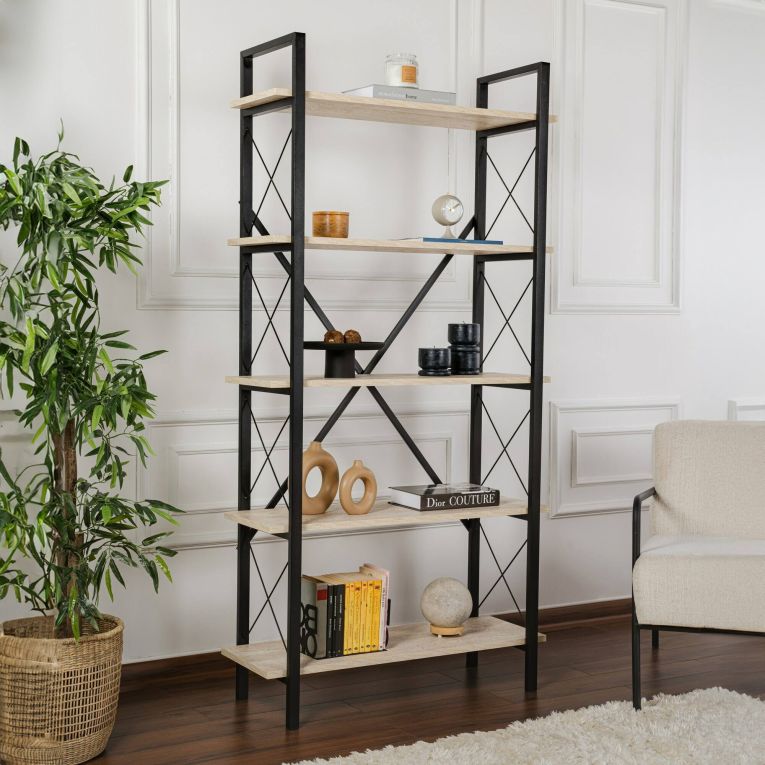 Libreria Martone, Scaffale da ufficio, Mobile portalibri, Biblioteca, 90x34 h180 cm, Beige e Nero