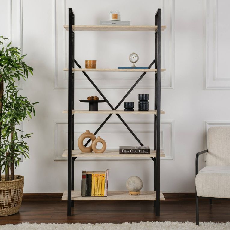 Libreria Martone, Scaffale da ufficio, Mobile portalibri, Biblioteca, 90x34 h180 cm, Beige e Nero