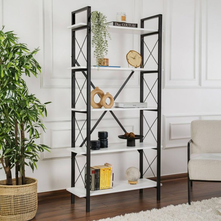 Libreria Martone, Scaffale da ufficio, Mobile portalibri, Biblioteca, 90x34 h180 cm, Bianco e Nero
