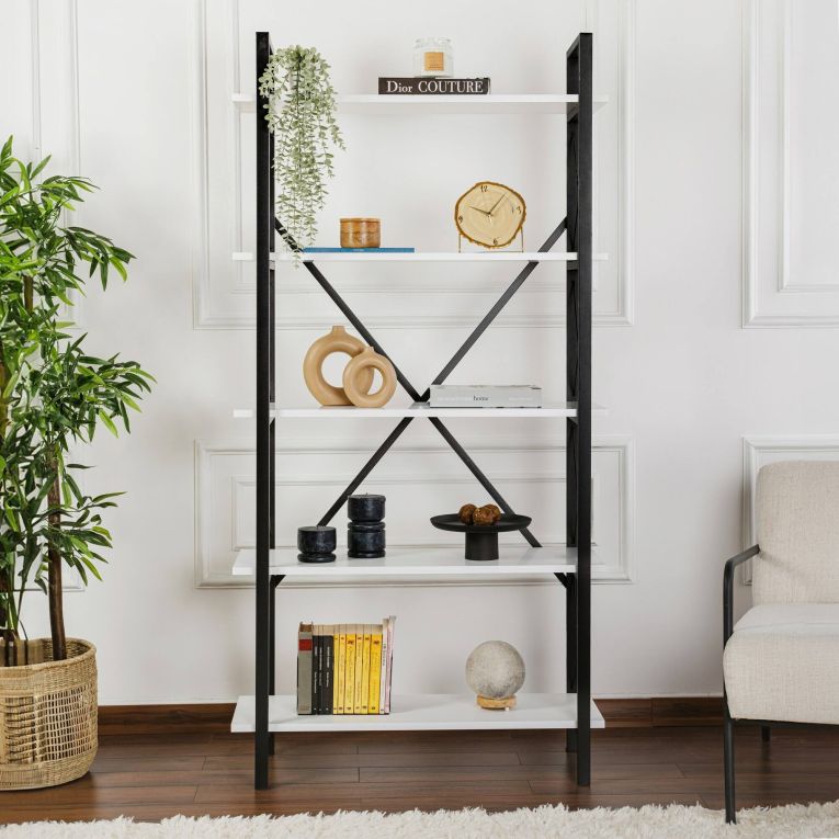 Libreria Martone, Scaffale da ufficio, Mobile portalibri, Biblioteca, 90x34 h180 cm, Bianco e Nero