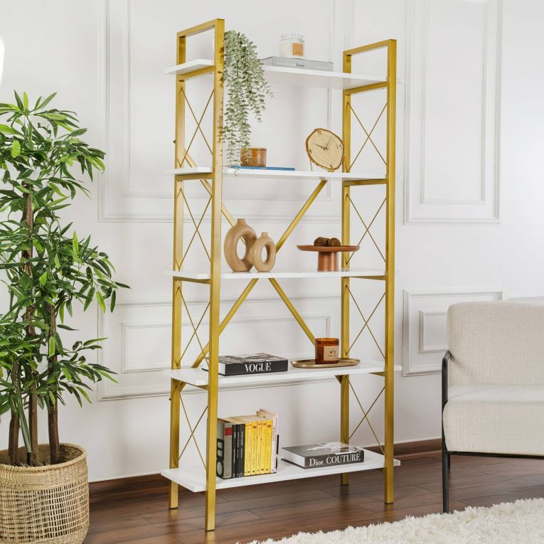 Libreria Martone, Scaffale da ufficio, Mobile portalibri, Biblioteca, 90x34 h180 cm, Bianco e Oro
