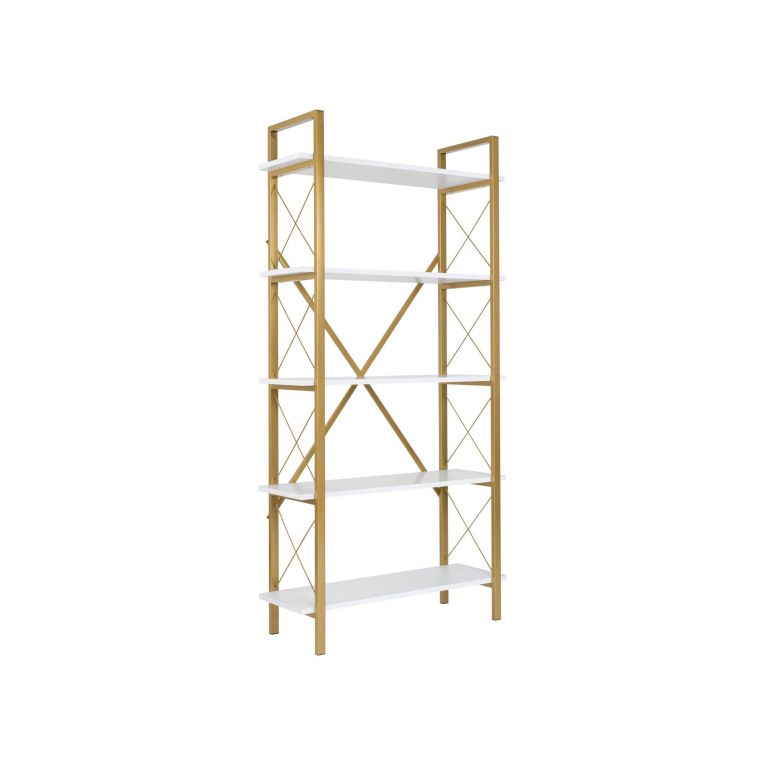 Libreria Martone, Scaffale da ufficio, Mobile portalibri, Biblioteca, 90x34 h180 cm, Bianco e Oro