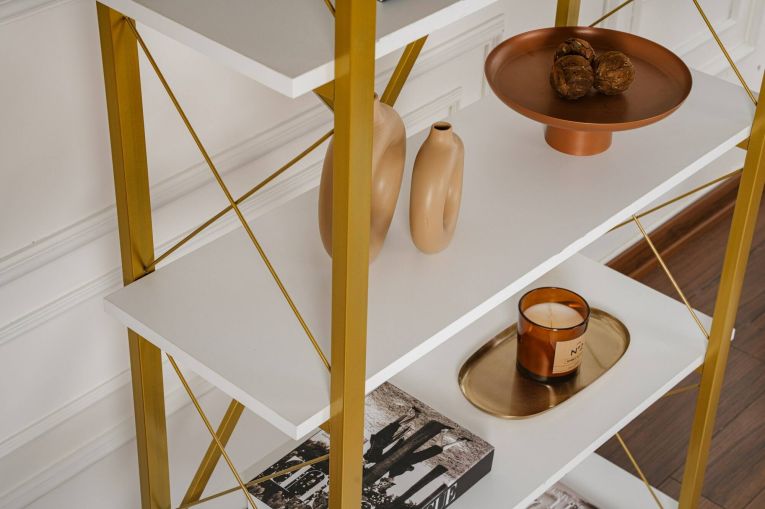 Libreria Martone, Scaffale da ufficio, Mobile portalibri, Biblioteca, 90x34 h180 cm, Bianco e Oro