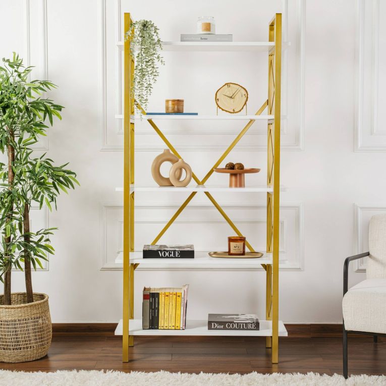 Libreria Martone, Scaffale da ufficio, Mobile portalibri, Biblioteca, 90x34 h180 cm, Bianco e Oro
