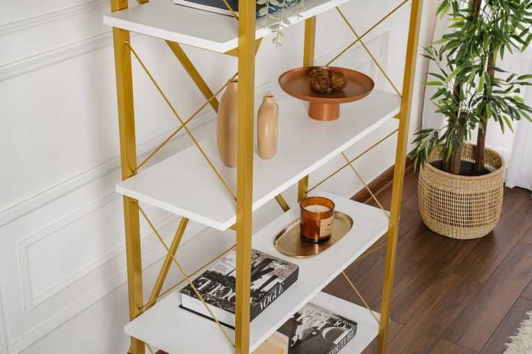 Libreria Martone, Scaffale da ufficio, Mobile portalibri, Biblioteca, 90x34 h180 cm, Bianco e Oro