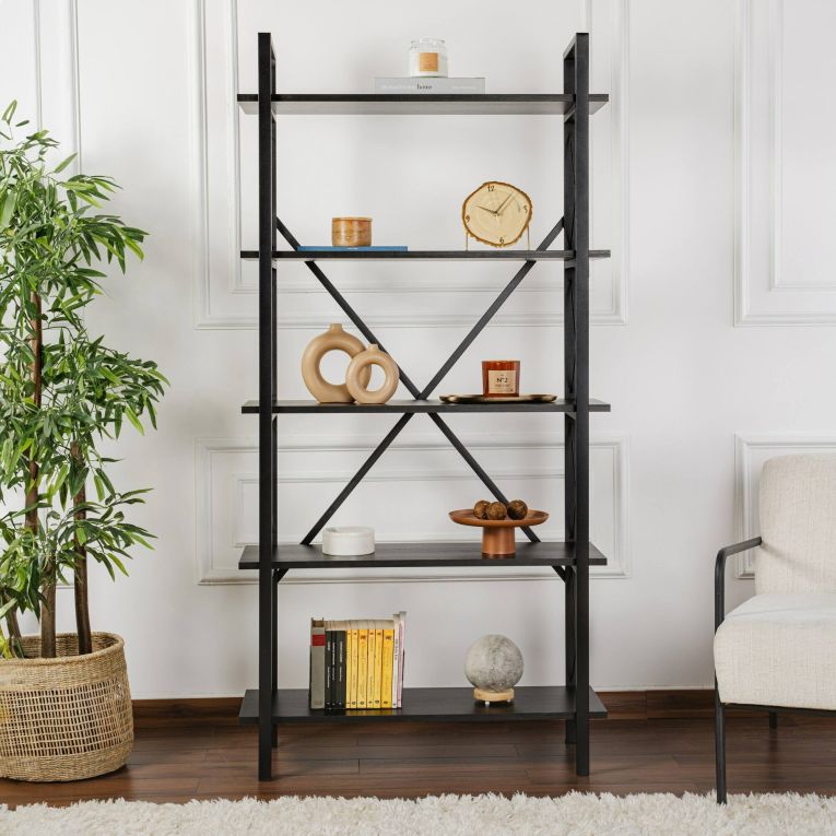 Libreria Martone, Scaffale da ufficio, Mobile portalibri, Biblioteca, 90x34 h180 cm, Nero