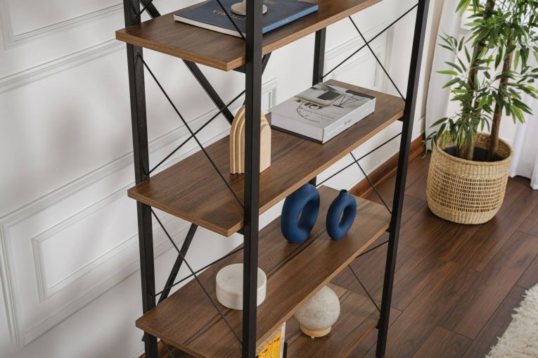 Libreria Martone, Scaffale da ufficio, Mobile portalibri, Biblioteca, 90x34 h180 cm, Noce e Nero