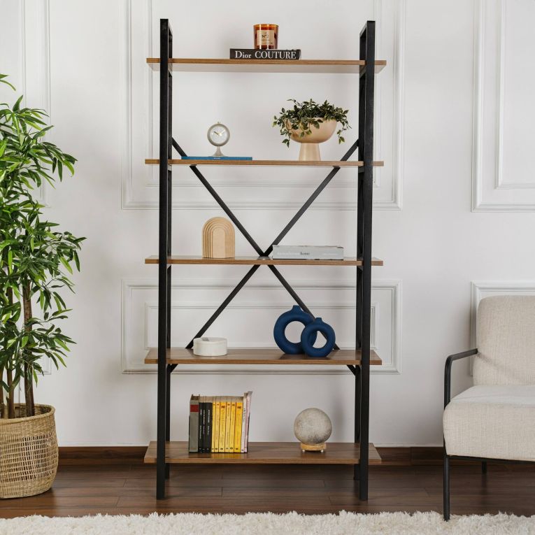 Libreria Martone, Scaffale da ufficio, Mobile portalibri, Biblioteca, 90x34 h180 cm, Noce e Nero