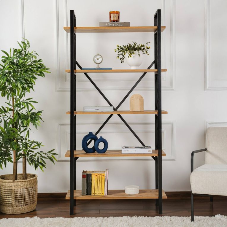 Libreria Martone, Scaffale da ufficio, Mobile portalibri, Biblioteca, 90x34 h180 cm, Pino e Nero