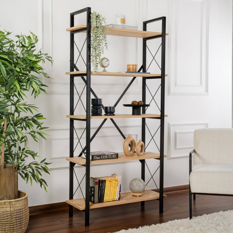 Libreria Martone, Scaffale da ufficio, Mobile portalibri, Biblioteca, 90x34 h180 cm, Quercia e Nero