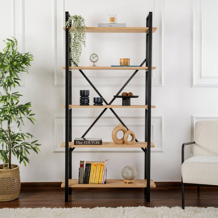 Libreria Martone, Scaffale da ufficio, Mobile portalibri, Biblioteca, 90x34 h180 cm, Quercia e Nero