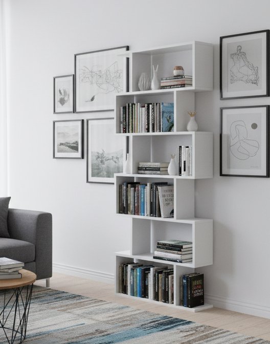 Libreria Misma, Scaffale da ufficio multiuso, Mobile biblioteca portalibri a 6 ripiani, 80x25h190 cm, Bianco lucido