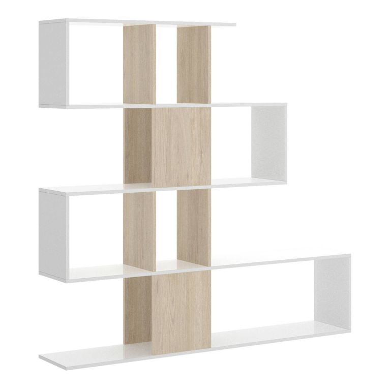 Libreria Moneglia, Scaffale da ufficio multiuso, Mobile biblioteca portalibri a 4 ripiani, 145x29h145 cm, Bianco lucido e Rovere