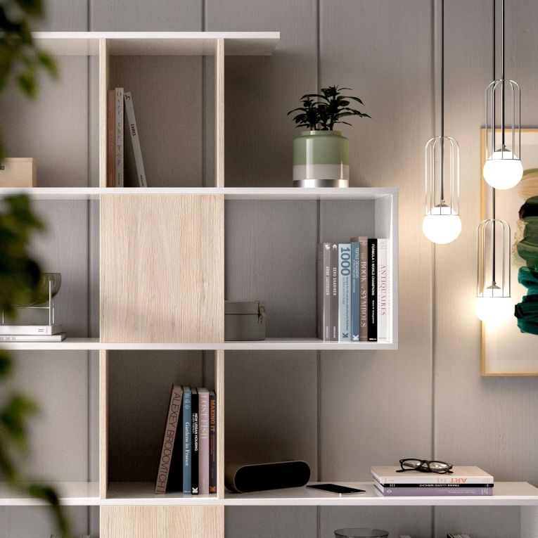 Libreria Moneglia, Scaffale da ufficio multiuso, Mobile biblioteca portalibri a 4 ripiani, 145x29h145 cm, Bianco lucido e Rovere