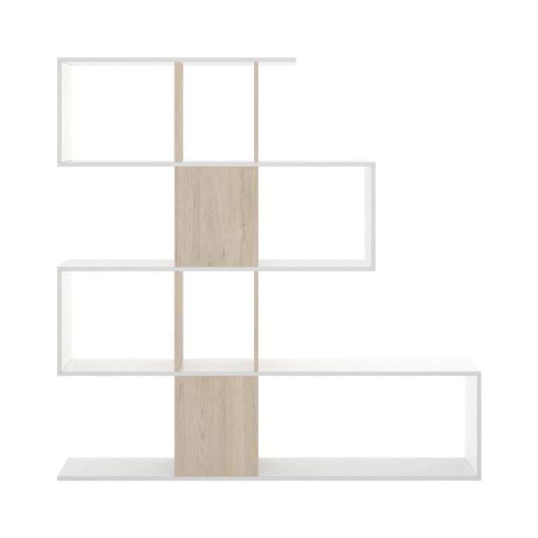 Libreria Moneglia, Scaffale da ufficio multiuso, Mobile biblioteca portalibri a 4 ripiani, 145x29h145 cm, Bianco lucido e Rovere