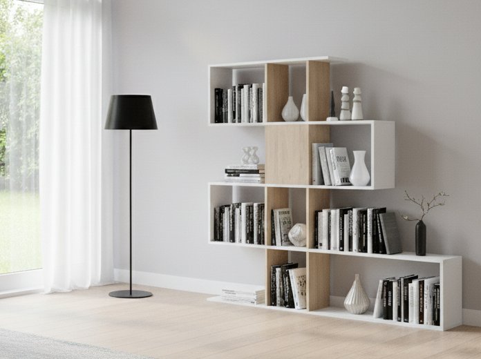 Libreria Moneglia, Scaffale da ufficio multiuso, Mobile biblioteca portalibri a 4 ripiani, 145x29h145 cm, Bianco lucido e Rovere
