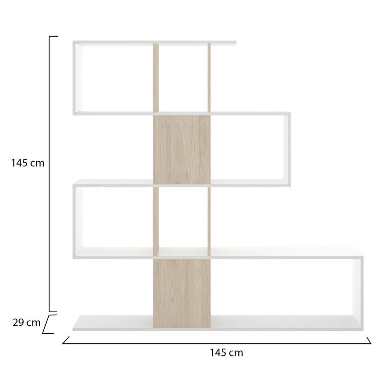 Libreria Moneglia, Scaffale da ufficio multiuso, Mobile biblioteca portalibri a 4 ripiani, 145x29h145 cm, Bianco lucido e Rovere