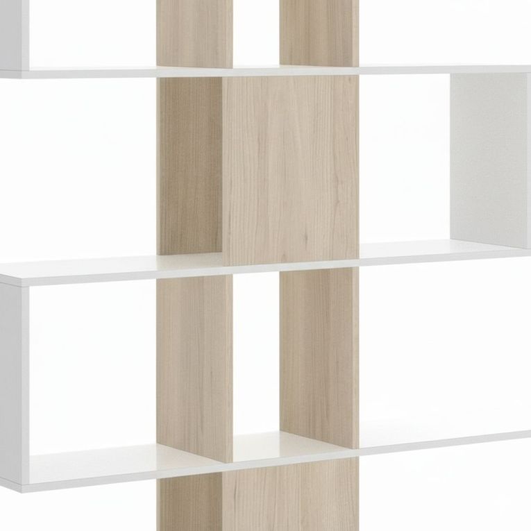 Libreria Moneglia, Scaffale da ufficio multiuso, Mobile biblioteca portalibri a 4 ripiani, 145x29h145 cm, Bianco lucido e Rovere