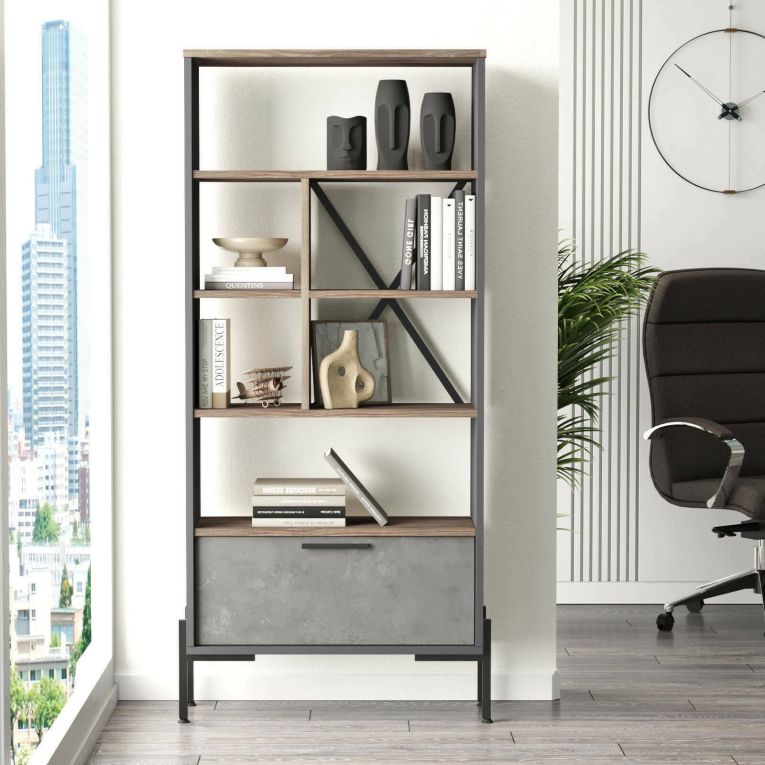 Libreria Musica, Scaffale da ufficio, Mobile portalibri, Biblioteca, 76x45 h161 cm, Marrone e Grigio