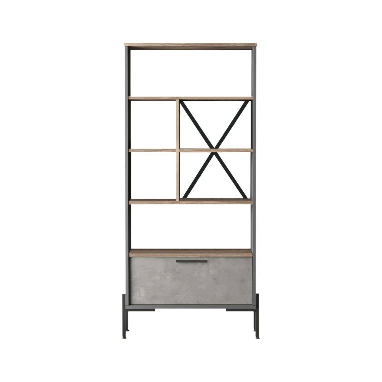 Libreria Musica, Scaffale da ufficio, Mobile portalibri, Biblioteca, 76x45 h161 cm, Marrone e Grigio