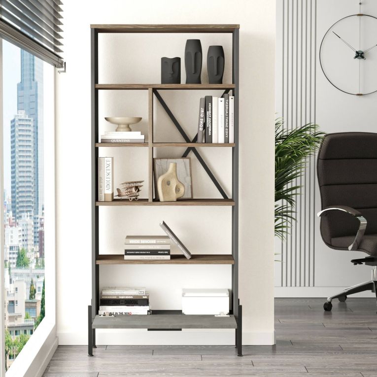 Libreria Musica, Scaffale da ufficio, Mobile portalibri, Biblioteca, 76x45 h161 cm, Marrone e Grigio