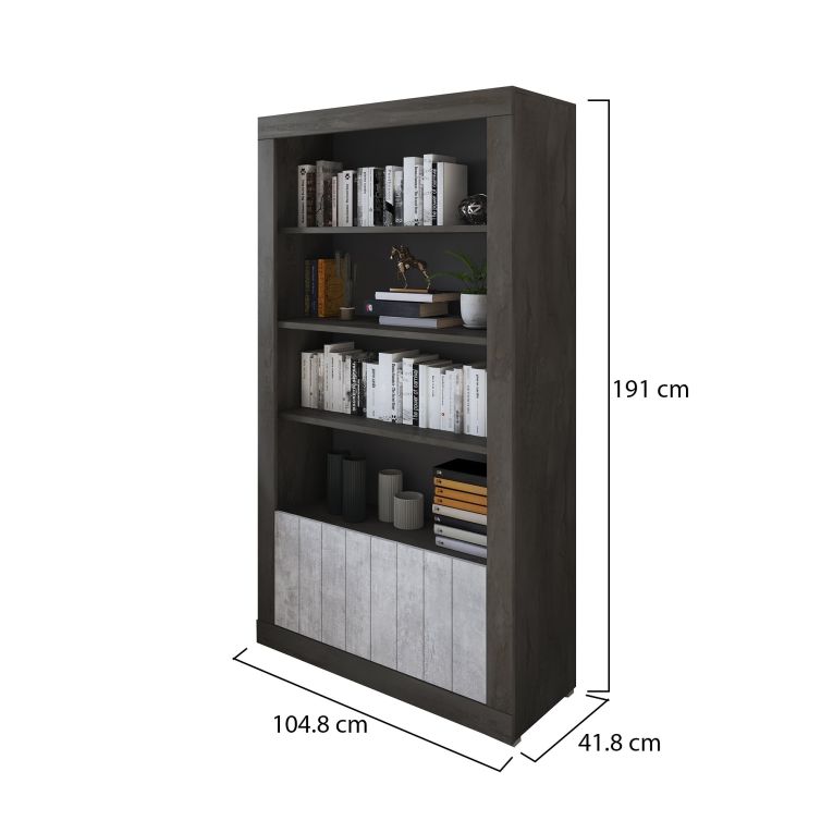 Libreria Nero Antracite Grigio Cemento 3 Ripiani 2 Ante 105x42x191h cm, Installazione a Terra - Spinoso