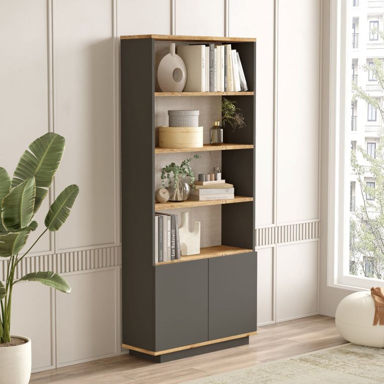 Libreria Nero Antracite Marrone Rovere 3 Ripiani 2 Ante 75x27x168h cm, Installazione Libera - Dego