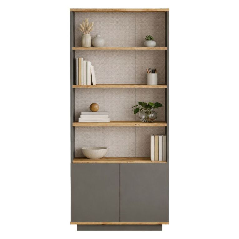 Libreria Nero Antracite Marrone Rovere 3 Ripiani 2 Ante 75x27x168h cm, Installazione Libera - Dego