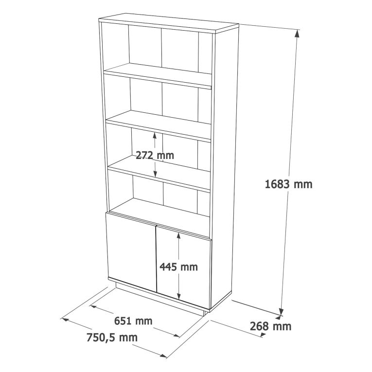 Libreria Nero Antracite Marrone Rovere 3 Ripiani 2 Ante 75x27x168h cm, Installazione Libera - Dego