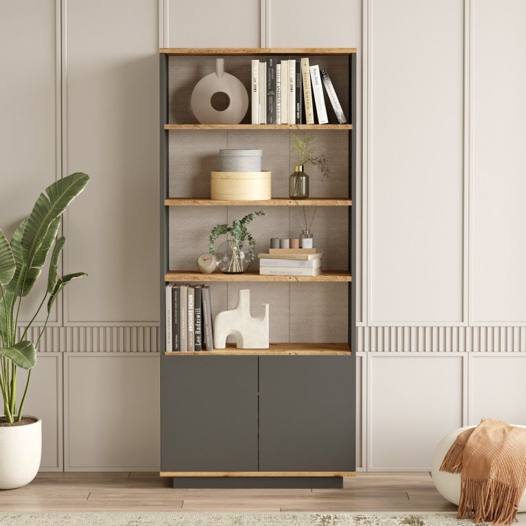 Libreria Nero Antracite Marrone Rovere 3 Ripiani 2 Ante 75x27x168h cm, Installazione Libera - Dego