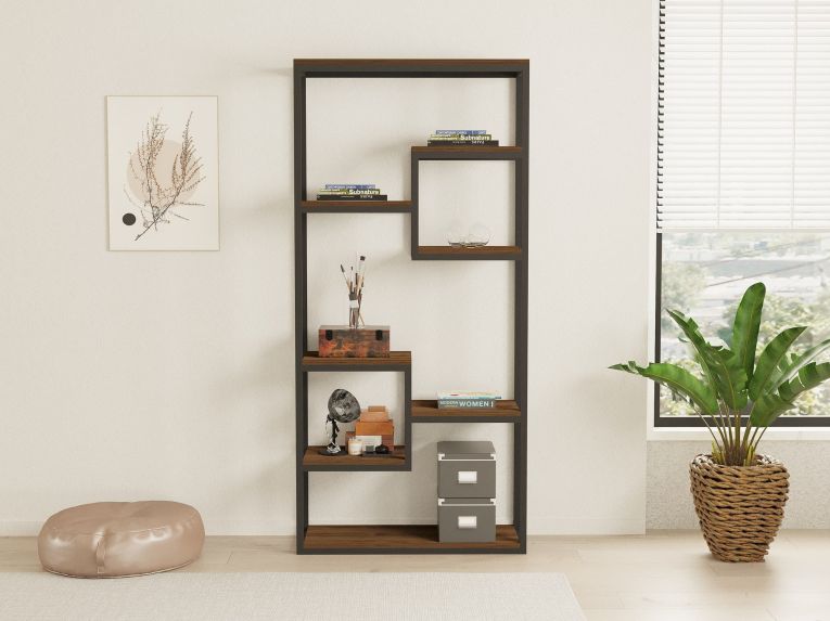 Libreria Nero Marrone Noce 6 Ripiani Installazione Libera 85x29x182h cm, Utilizzabile Come Divisorio Locale - Rofrano