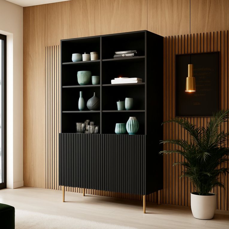 Libreria Nero oro un Ripiano Piedini oro 100x42x177h cm, 2 Ante - Maierato