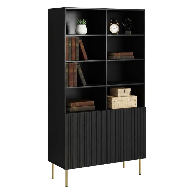 Libreria Nero oro un Ripiano Piedini oro 100x42x177h cm, 2 Ante - Maierato
