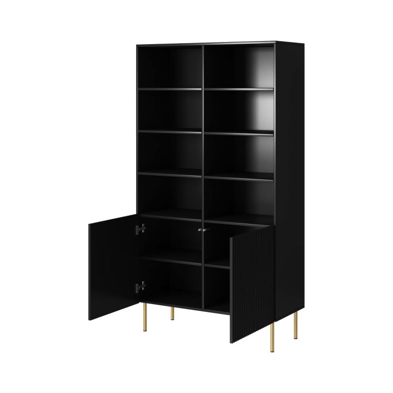 Libreria Nero oro un Ripiano Piedini oro 100x42x177h cm, 2 Ante - Maierato