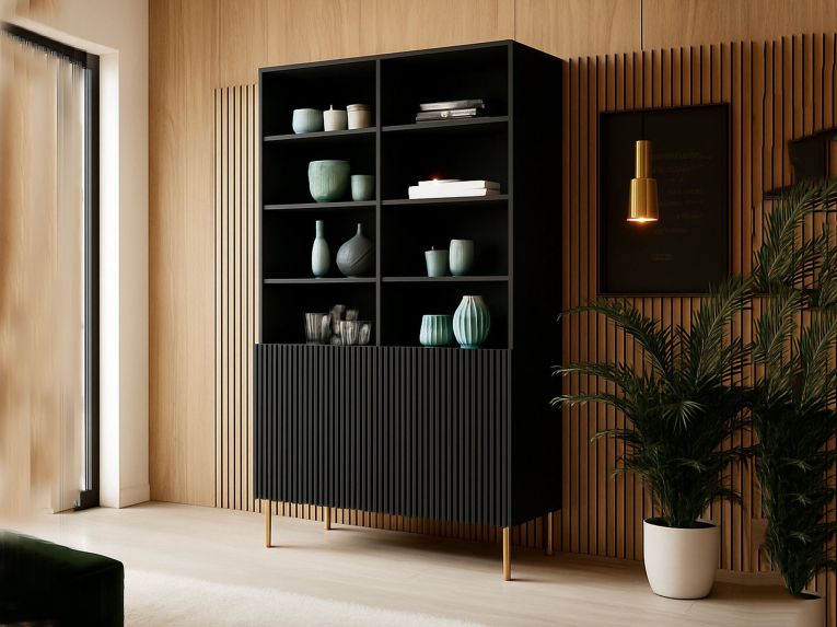 Libreria Nero oro un Ripiano Piedini oro 100x42x177h cm, 2 Ante - Maierato
