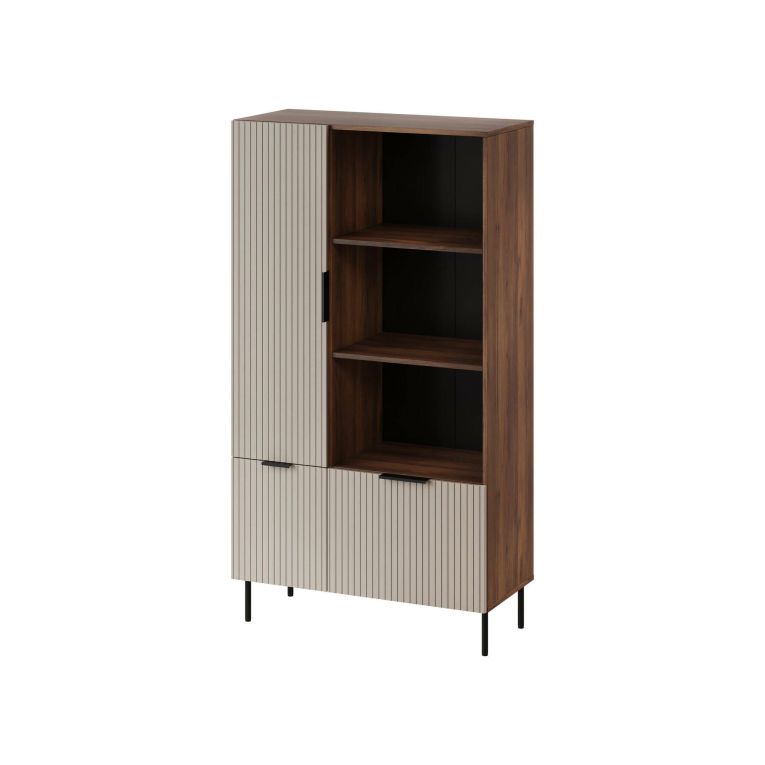 Libreria Odivelas, Mobile portalibri con vani aperti e tre ante, Design moderno e minimale, 165x42 h90 cm, Noce e Beige