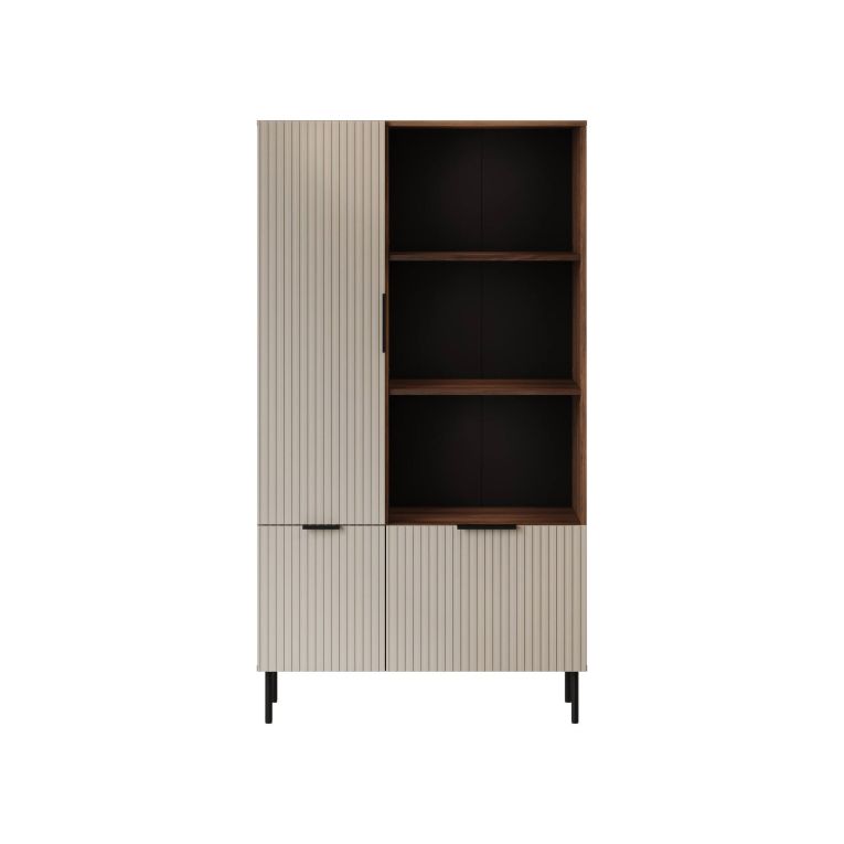 Libreria Odivelas, Mobile portalibri con vani aperti e tre ante, Design moderno e minimale, 165x42 h90 cm, Noce e Beige