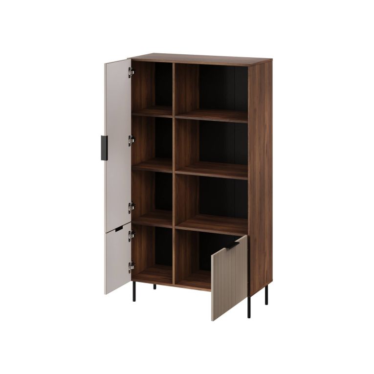 Libreria Odivelas, Mobile portalibri con vani aperti e tre ante, Design moderno e minimale, 165x42 h90 cm, Noce e Beige