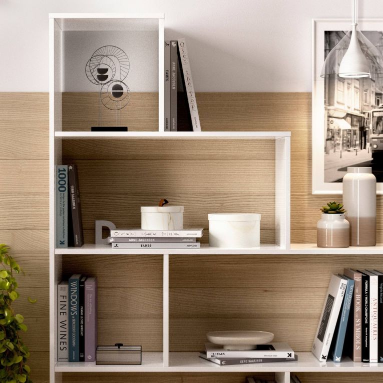 Libreria Orsaro, Scaffale da ufficio multiuso, Mobile biblioteca portalibri a 6 ripiani, 145x29h145 cm, Bianco lucido
