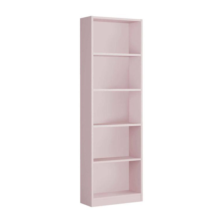 Libreria Pomona, Mobile portalibri alta a 5 ripiani, Scaffale da ufficio o cameretta, Scaffale moderno con scomparti, 52x25h180 cm, Rosa