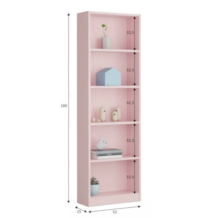 Libreria Pomona, Mobile portalibri alta a 5 ripiani, Scaffale da ufficio o cameretta, Scaffale moderno con scomparti, 52x25h180 cm, Rosa