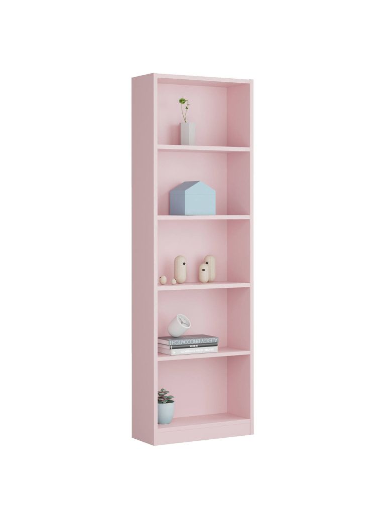 Libreria Pomona, Mobile portalibri alta a 5 ripiani, Scaffale da ufficio o cameretta, Scaffale moderno con scomparti, 52x25h180 cm, Rosa