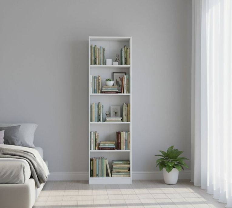 Libreria Pomona, Mobile portalibri alta a 5 ripiani, Scaffale da ufficio o cameretta, Scaffale moderno con scomparti, 52x25h80 cm, Bianco